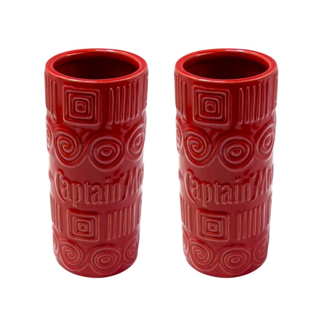 Captain Morgan Tiki Mug Lot 2 Red Ceramic Tribal Pattern Rum Barware 2010